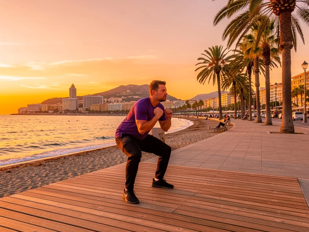 Côte niçoise au coucher du soleil avec un pratiquant en entraînement extérieur