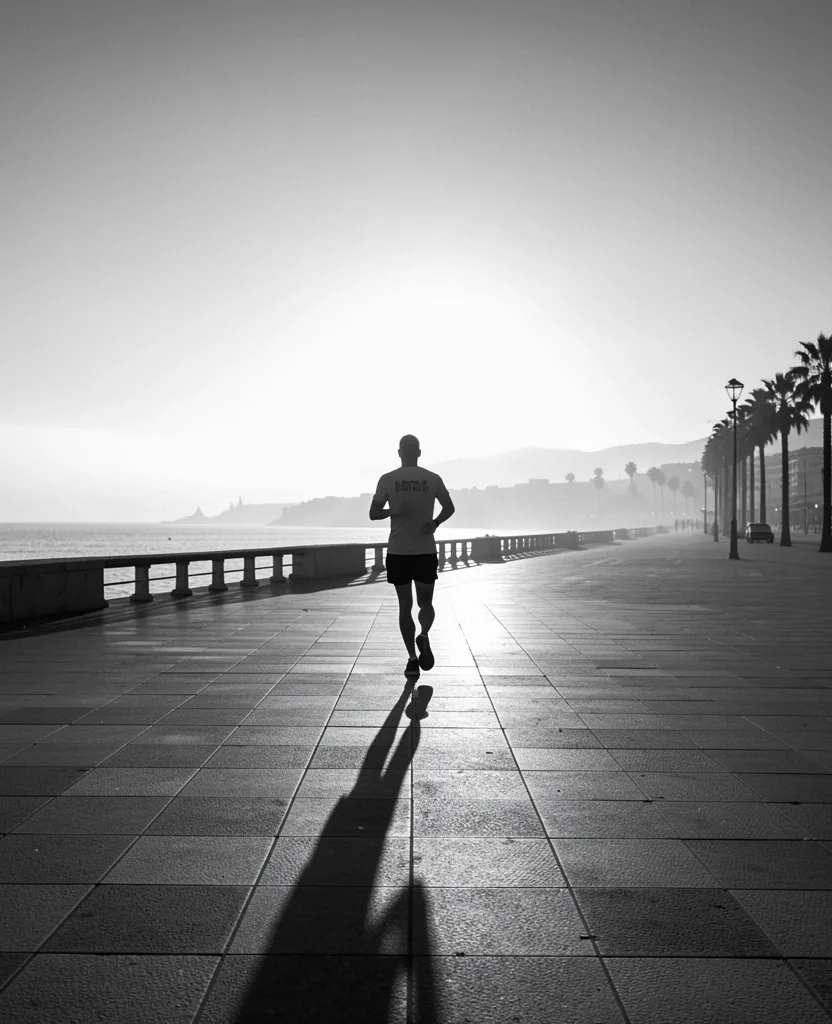 Personne courant au lever du jour sur la promenade des Anglais à Nice