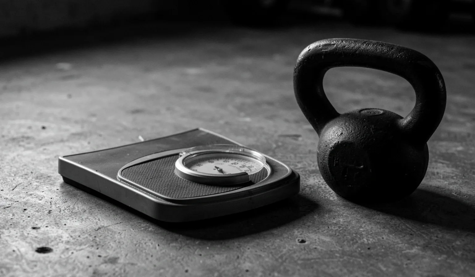 Pèse-personne et kettlebell sur sol de gymnase