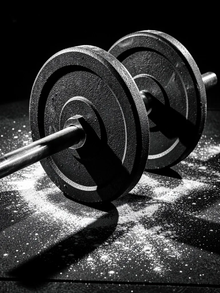 Barbell avec disques de fonte sur un sol de salle de sport