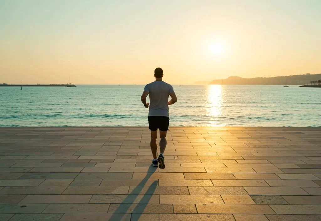 Coureur solitaire sur une promenade au lever du jour