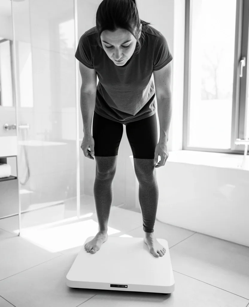 Personne pesant son poids sur une balance dans une pièce simple