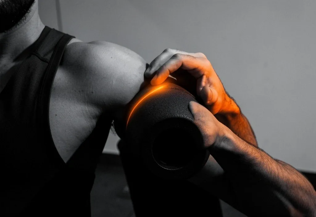 Auto-massage des épaules avec un rouleau de mousse