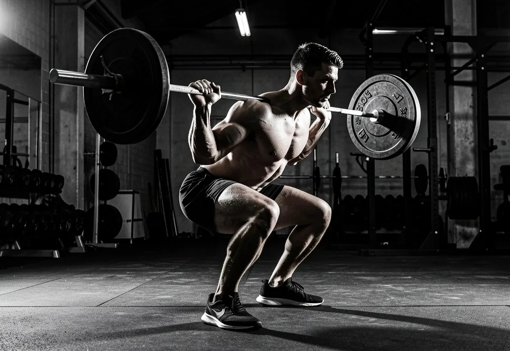 Exécution d'un squat à la barre dans un gymnase minimaliste